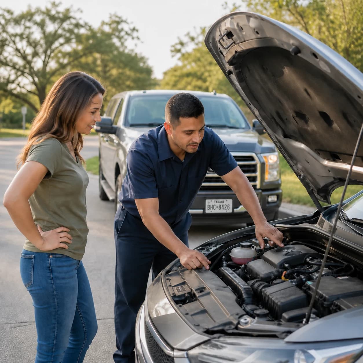 Roadside technician inspecting a car engine with the driver