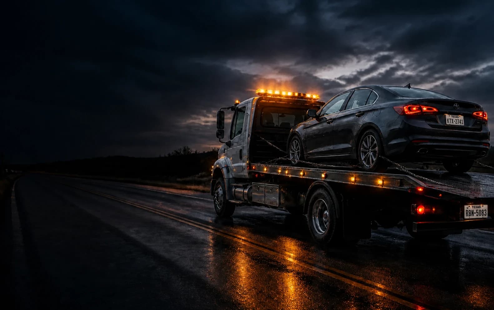 Flatbed tow truck carrying a sedan beneath storm clouds at night