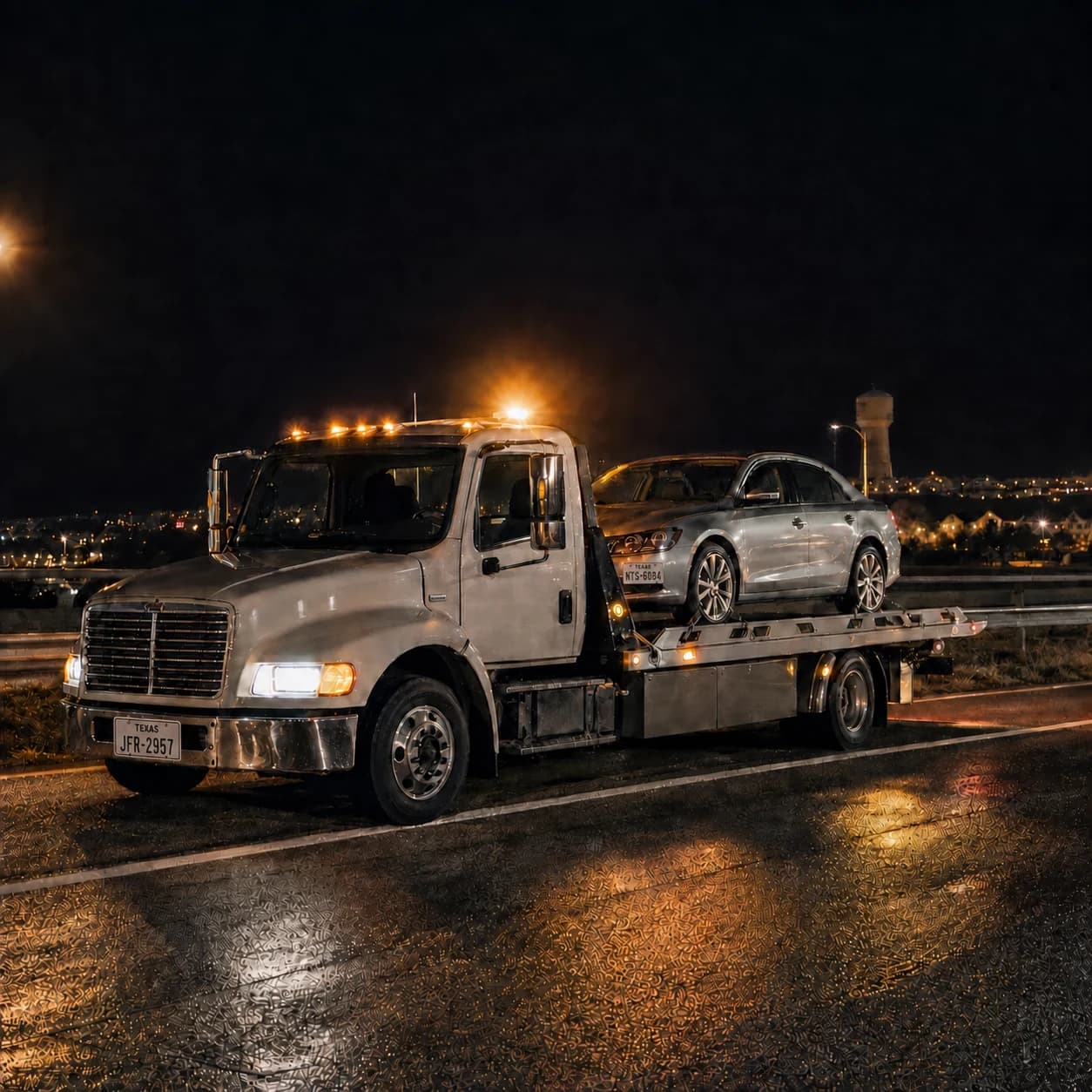 Tow truck transporting a sedan on a wet city road at night