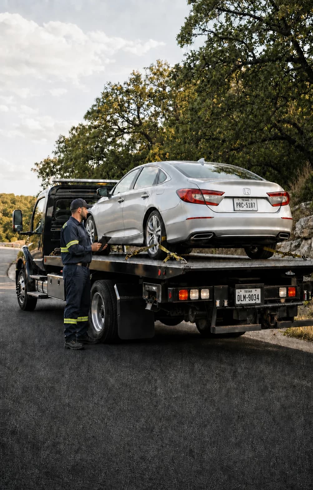 Tow operator checking the tie-downs on a sedan secured to a flatbed