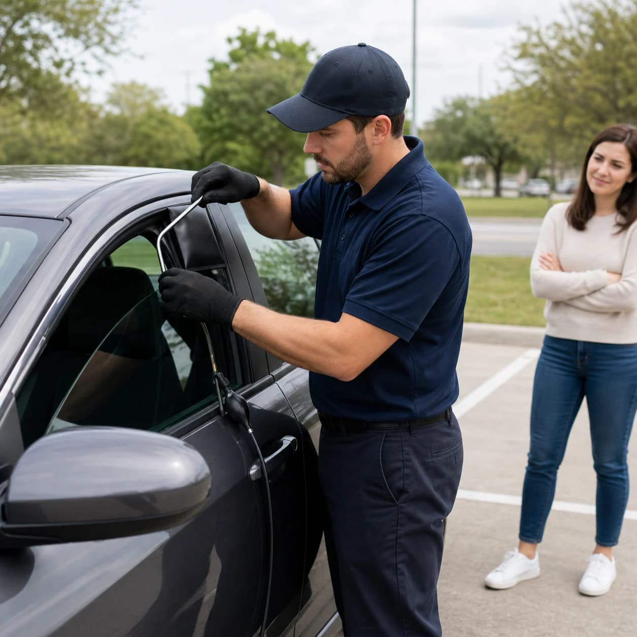 Technician unlocking a car door while the driver waits nearby