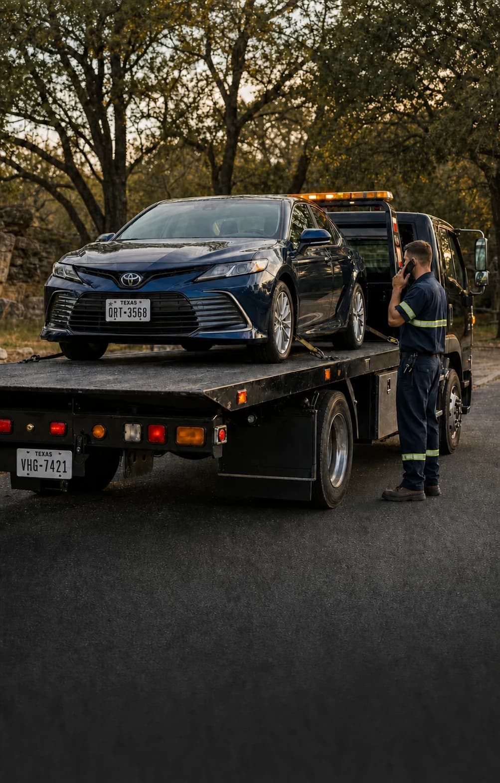 Tow operator speaking by phone beside a sedan on a flatbed