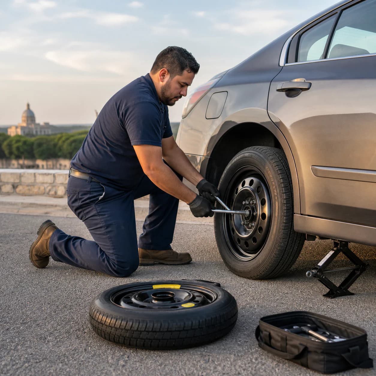 Roadside technician tightening a spare tire on a raised sedan
