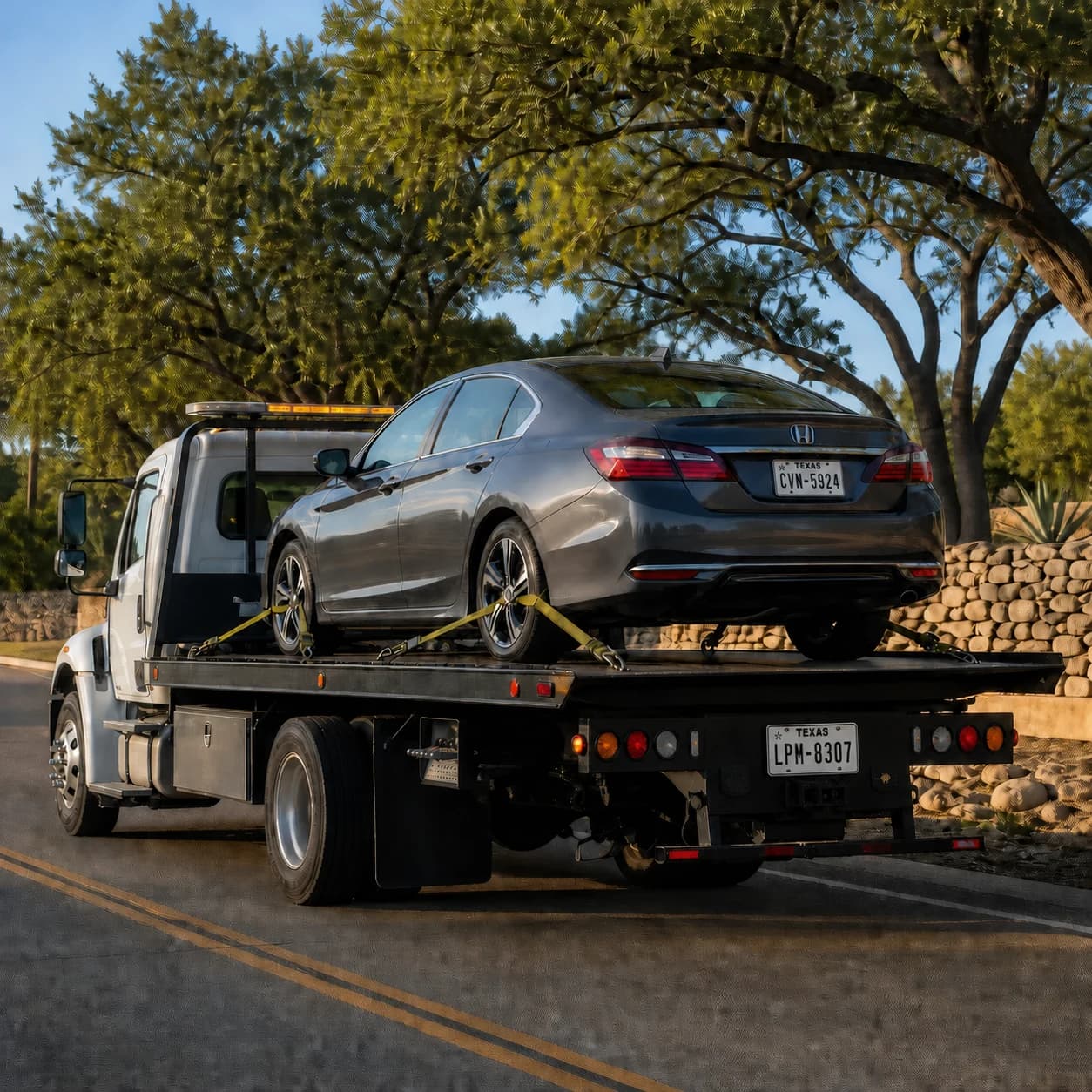 Flatbed tow truck transporting a gray sedan on a tree-lined road