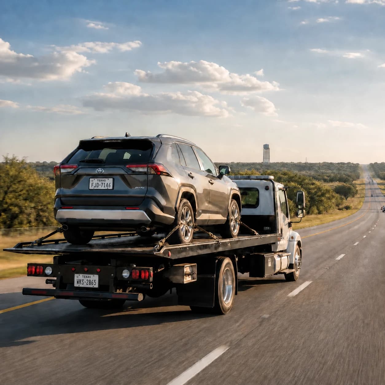 Flatbed tow truck carrying an SUV along a Texas highway