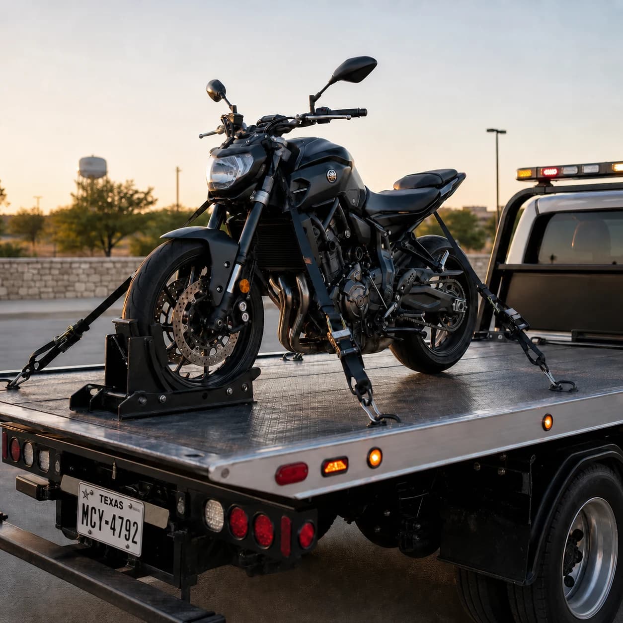Motorcycle secured with straps on a flatbed towing platform