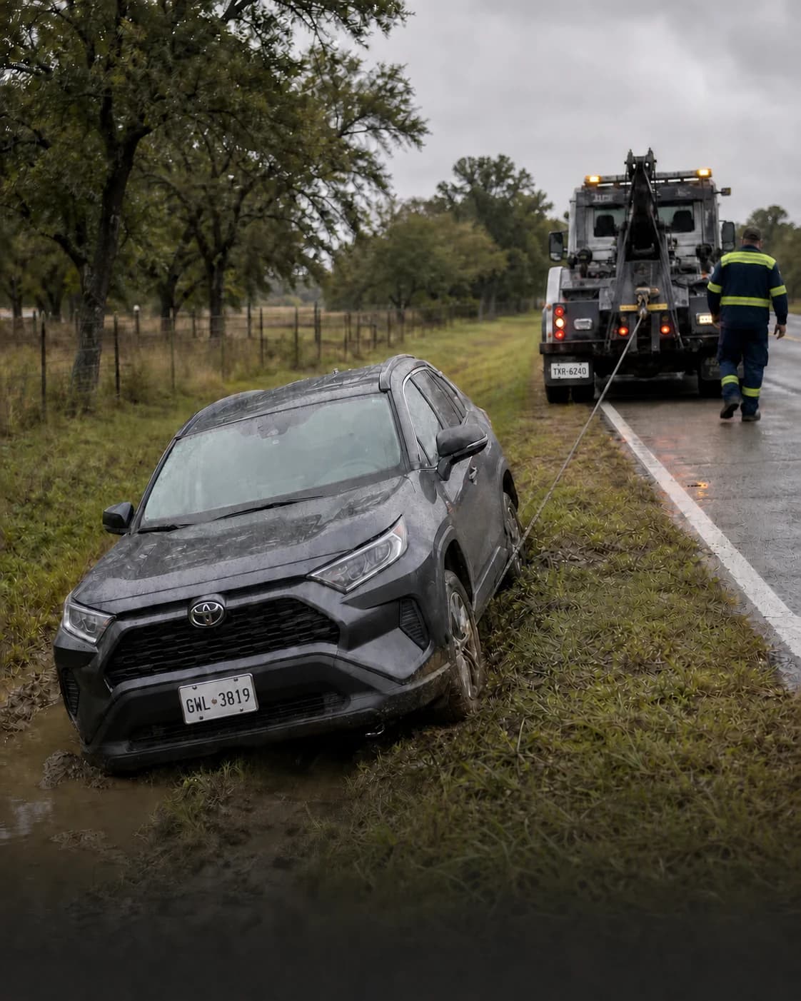 Recovery truck winching an SUV from a muddy roadside ditch