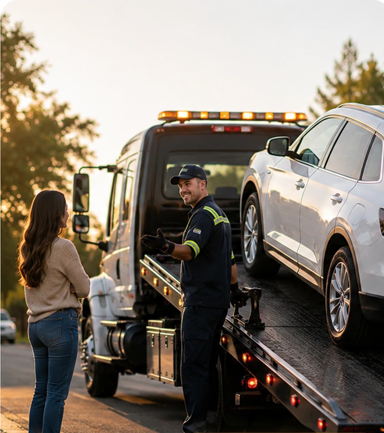 Tow operator speaking with a driver beside her SUV on a flatbed
